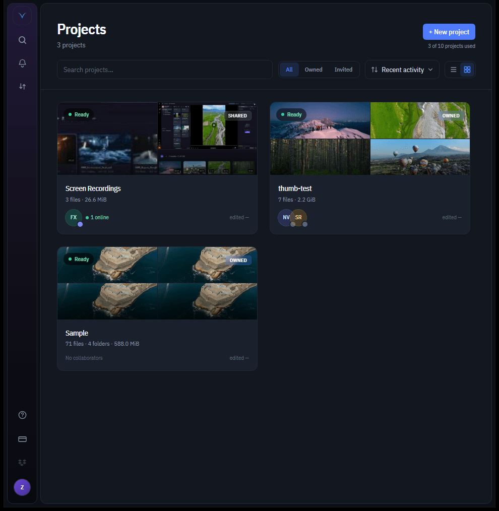 Vidsync Projects dashboard with project cards, cover collages, owner and shared badges, live status, and collaborator avatars.