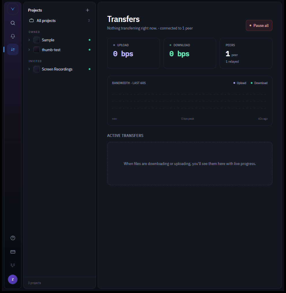 Vidsync Transfers dashboard with upload and download throughput, peer connection breakdown, and a live bandwidth chart.